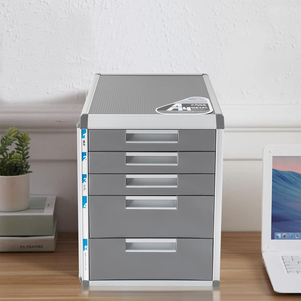 Desktop Drawer Organizer with Lock, 5-Layer Filing Cabinet Storage, Grey H82611