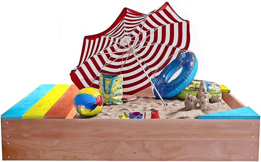 Wooden Cedar Sand Box, Large Kids' Outdoor Wooden Sandbox with Seat Boards, Kids Sand Boxes, Bottom Liner Included, 47.25" L x 47.25" W x 7.87" H