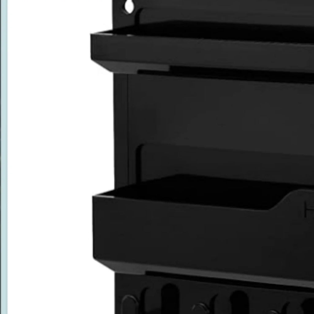 Adhesive Wall Mount Shelf Organizer with Hooks and Cable Clips, Plastic (Black) Q304