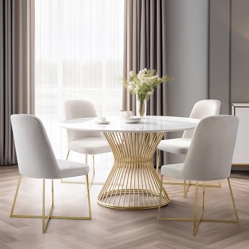 Well Woven Rachelle Velvet Modern Accent Chairs Set of 2 - Ivory Comfy Seat with Gold Metal Legs - Perfect for Living Room, Bedroom, Office, Dining Room
