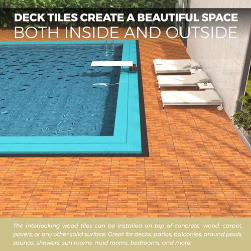 Solid Wood Interlocking Deck Tiles (Pack of 6, 24" x 12") Acacia, Indoor Outdoor, Waterproof W384040