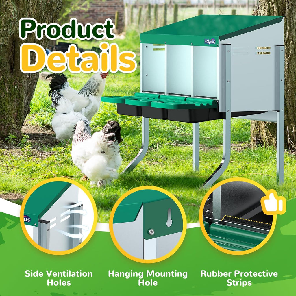 Chicken Nesting Box with Metal Legs, 3 Holes, Green P6033