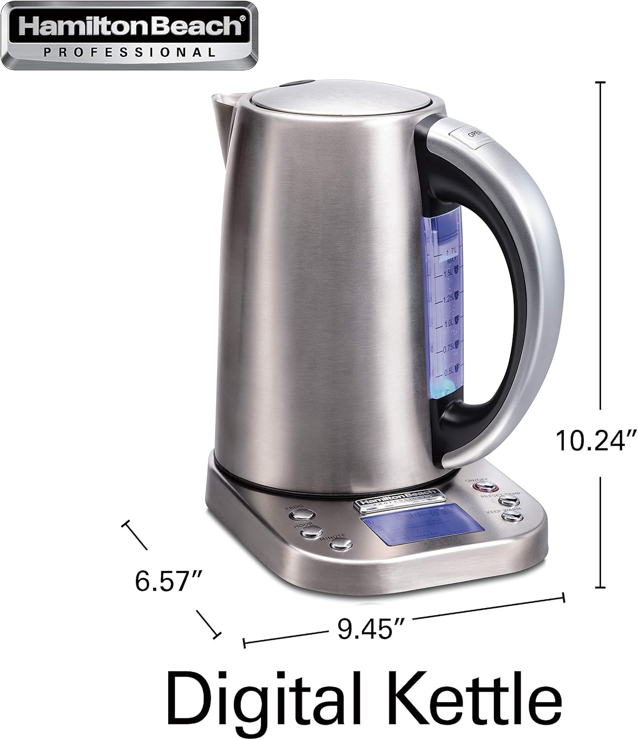 Hamilton Beach Professional Digital Electric Tea Kettle, 1.7 Liter, Silver P390