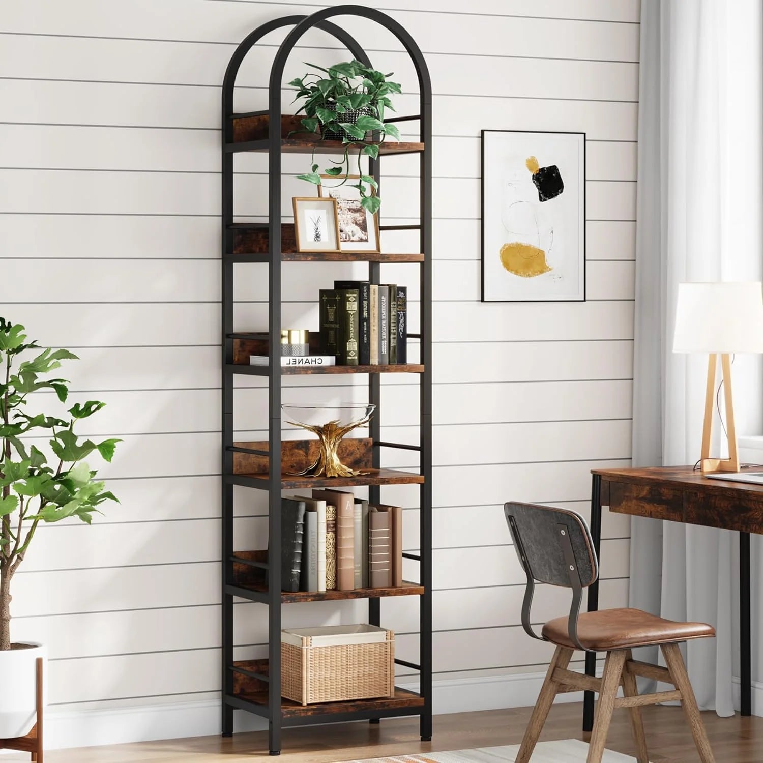 Tribesigns 6-Tier Open Bookshelf, Arched Bookcase with Metal Frame, Rustic Brown K166