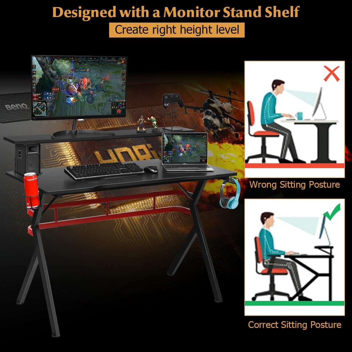 POWERSTONE Gaming Desk 47.5" with Monitor Shelf, Cup & Headphone Holders V324250