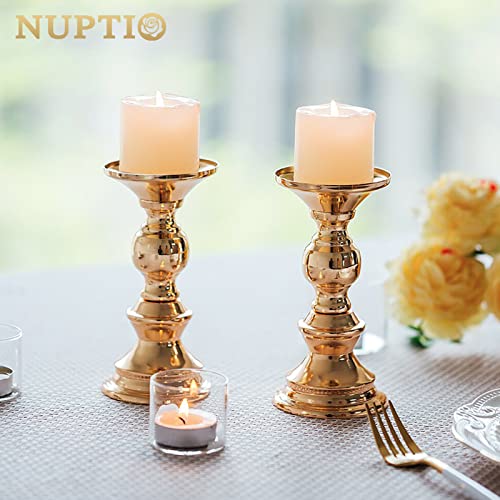 Nuptio Pillar Candle Holders, Metal Candle Holder for Wedding Centerpieces (2 Pcs, Gold) H414