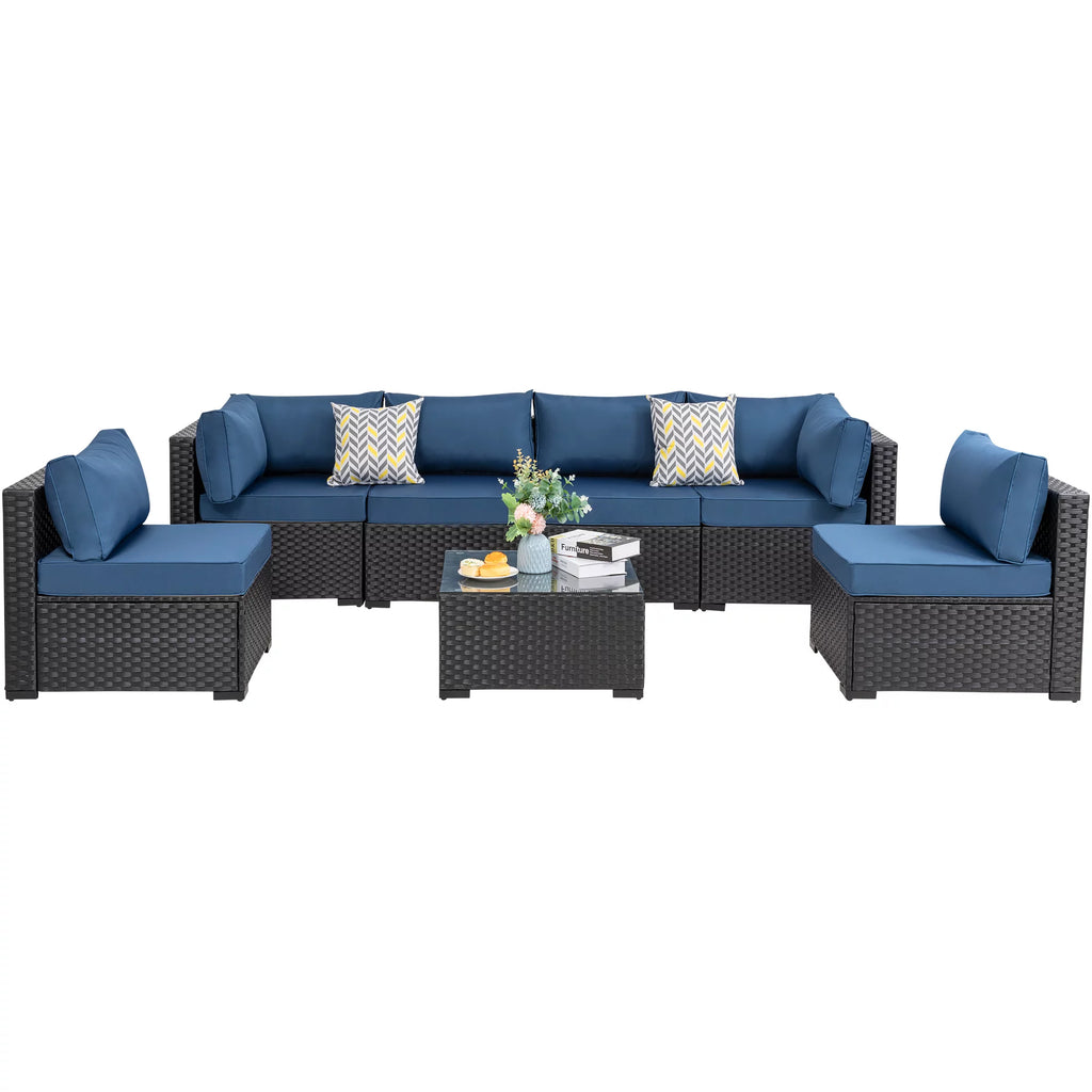 7 Piece Outdoor Sectional Sofa Set with Wicker Frame and Cushions U4327