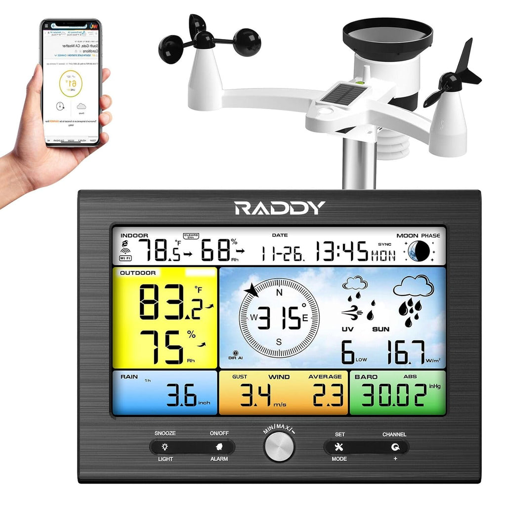 Raddy WF-100SE 13-in-1 Weather Station Wi-Fi, Wireless Weather Station Indoor Outdoor with Rain Gauge, Wind Gauge, UV Index, Barometric, Weather Forecast, Moon Phase for Home, Garden