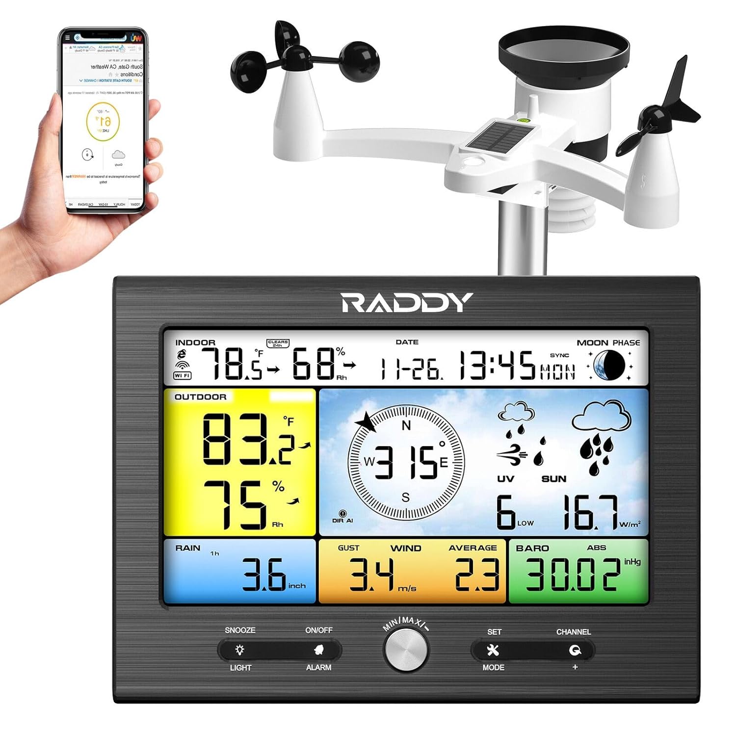Raddy WF-100SE 13-in-1 Weather Station Wi-Fi, Wireless Weather Station Indoor Outdoor with Rain Gauge, Wind Gauge, UV Index, Barometric, Weather Forecast, Moon Phase for Home, Garden