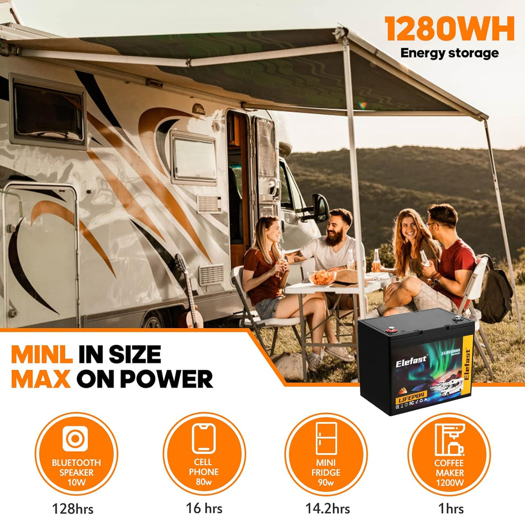 Elefast 12V 100Ah Bluetooth LiFePO4 Battery, Group 24, Low Temp Protection U441349