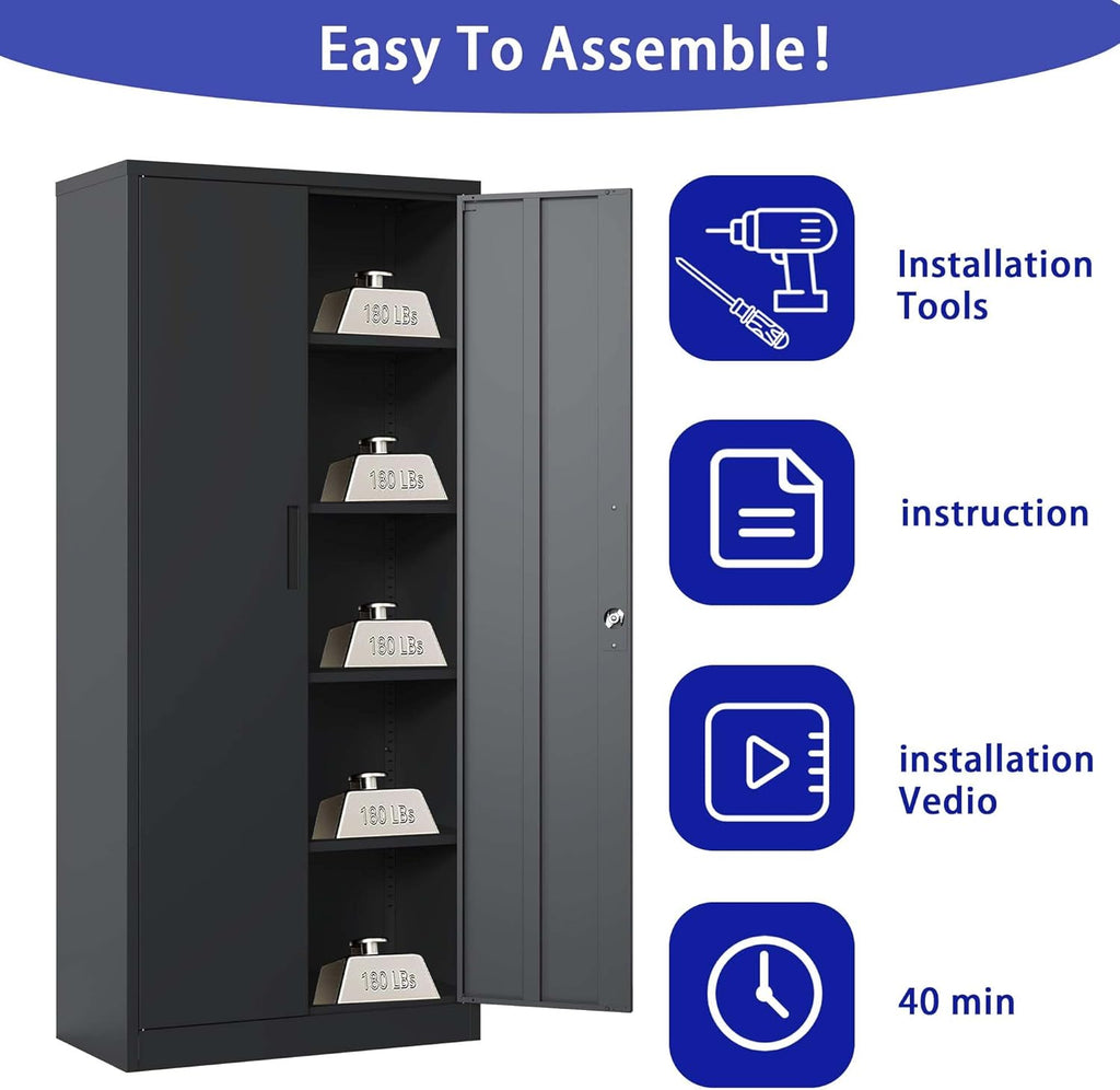 72" Metal Garage Storage Cabinet, Black Locking Cabinet with 4 Shelves B929240