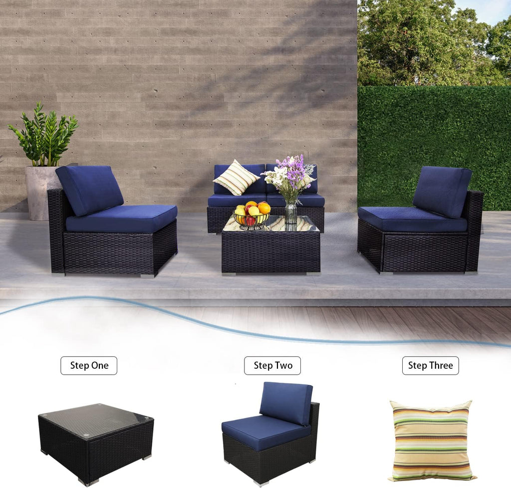 Wicker Patio Furniture Set 5 Piece Outdoor Sectional Rattan Sofa with Cushions and Glass Table L512475