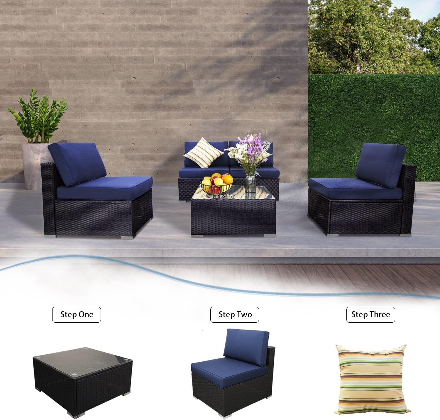 Wicker Patio Furniture Set 5 Piece Outdoor Sectional Rattan Sofa with Cushions and Glass Table L512475