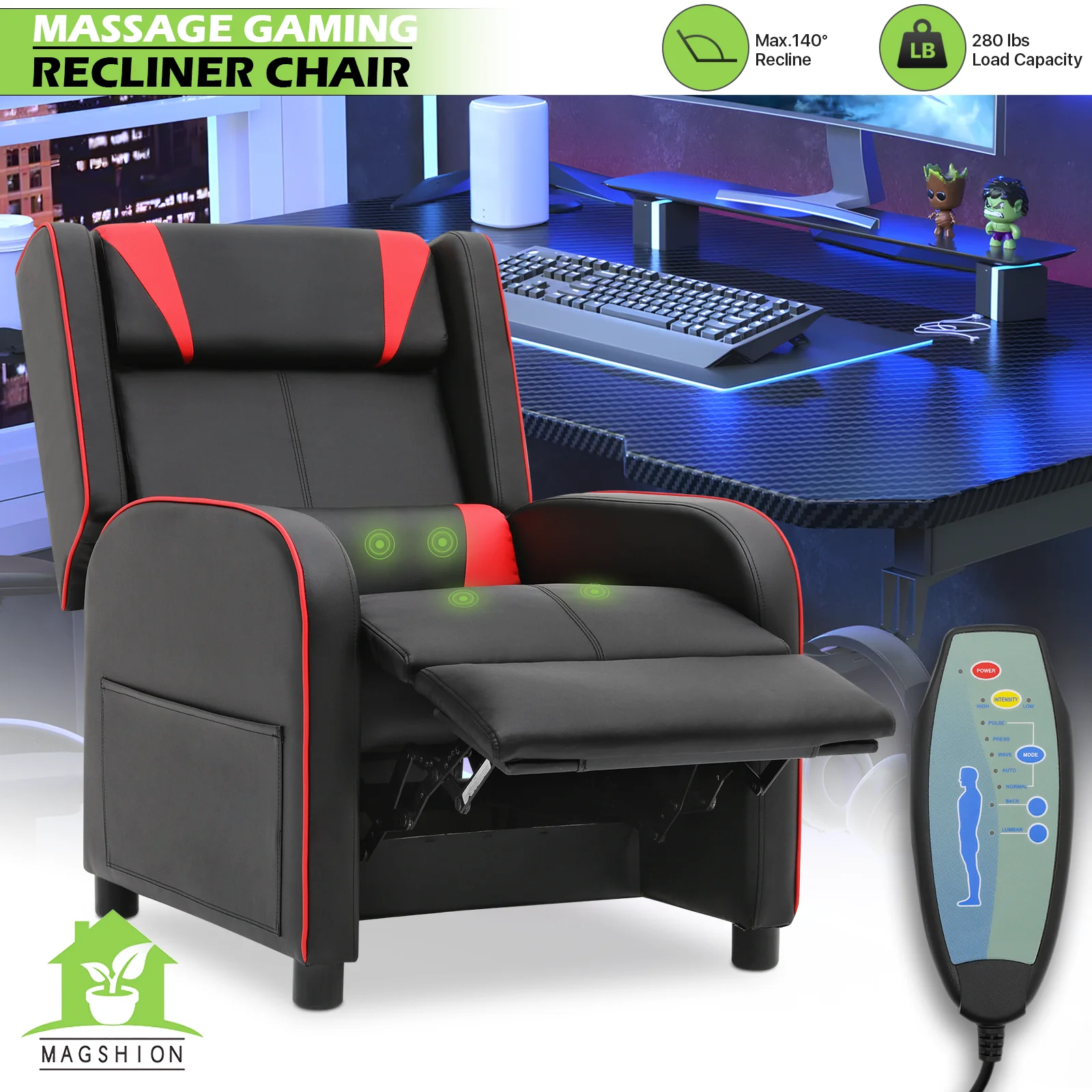 Magshion Gaming Massage Recliner Chair with Footrest, PU Leather, Red R2353