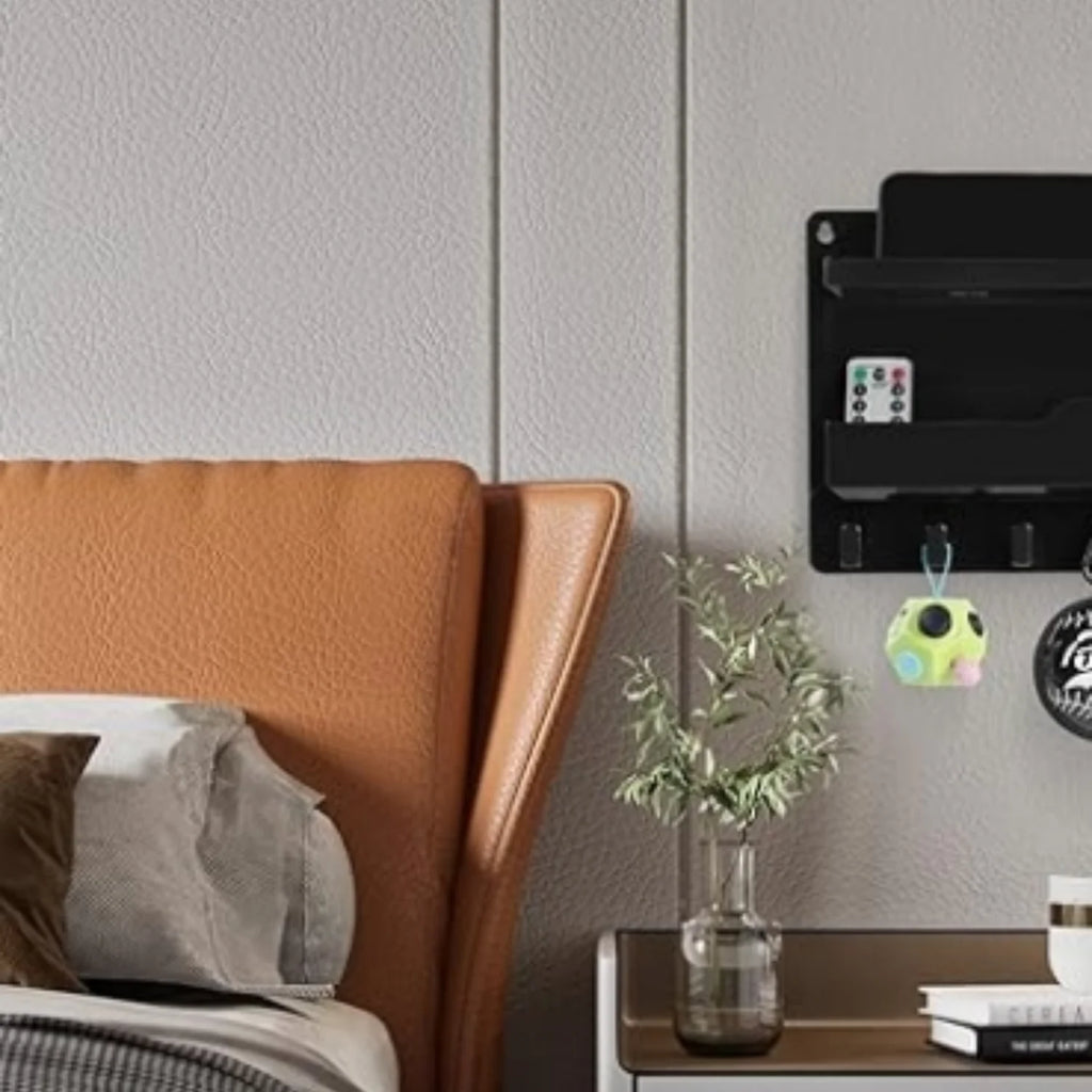 Adhesive Wall Mount Shelf Organizer with Hooks and Cable Clips, Plastic (Black) Q304
