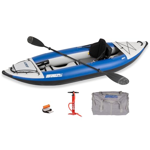 Sea Eagle 300X Explorer Touring, Camping, Fishing Whitewater Inflatable Kayak, Solo, Self-Bailing, Drop Stitch Floor-Paddle, Seat, Pump, Skeg, Bag