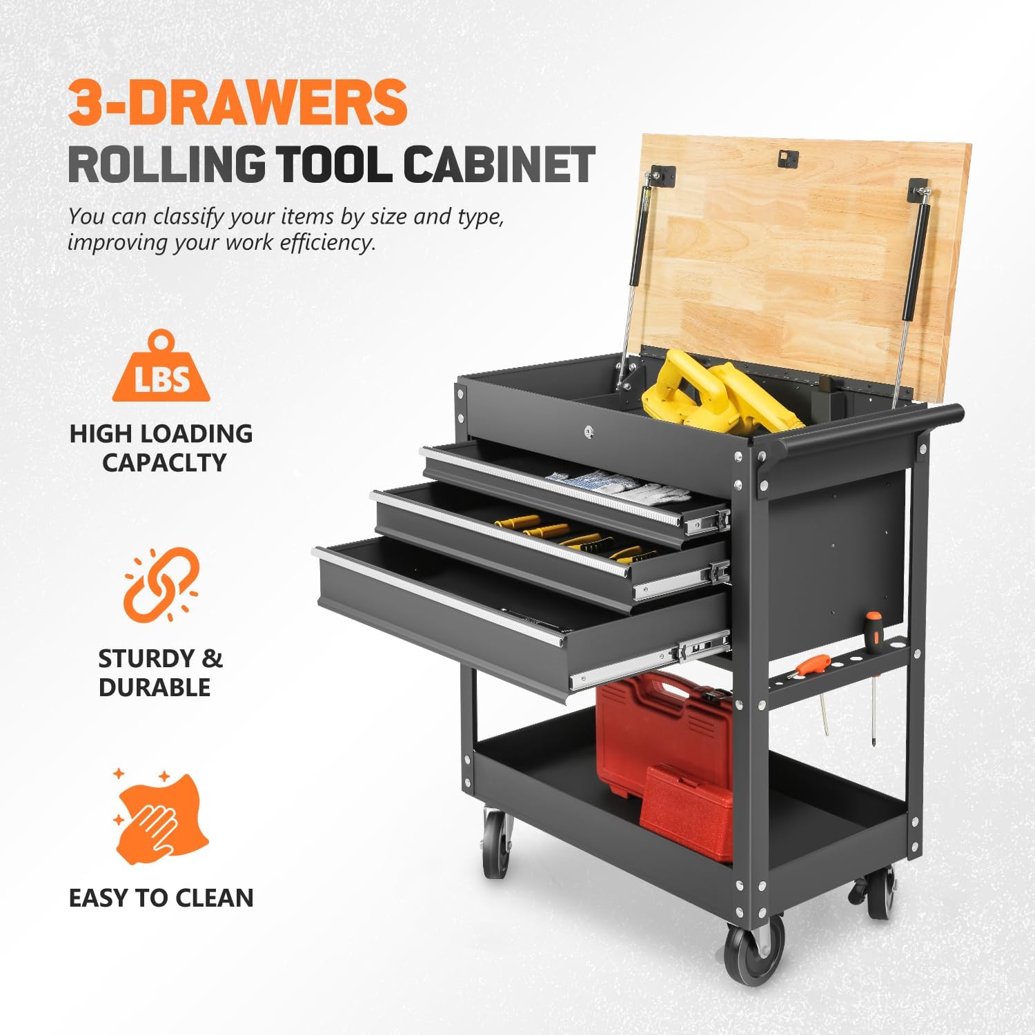DNA MOTORING 3-Drawer Wood Top Rolling Tool Chest Cabinet with Wheels, Black G951