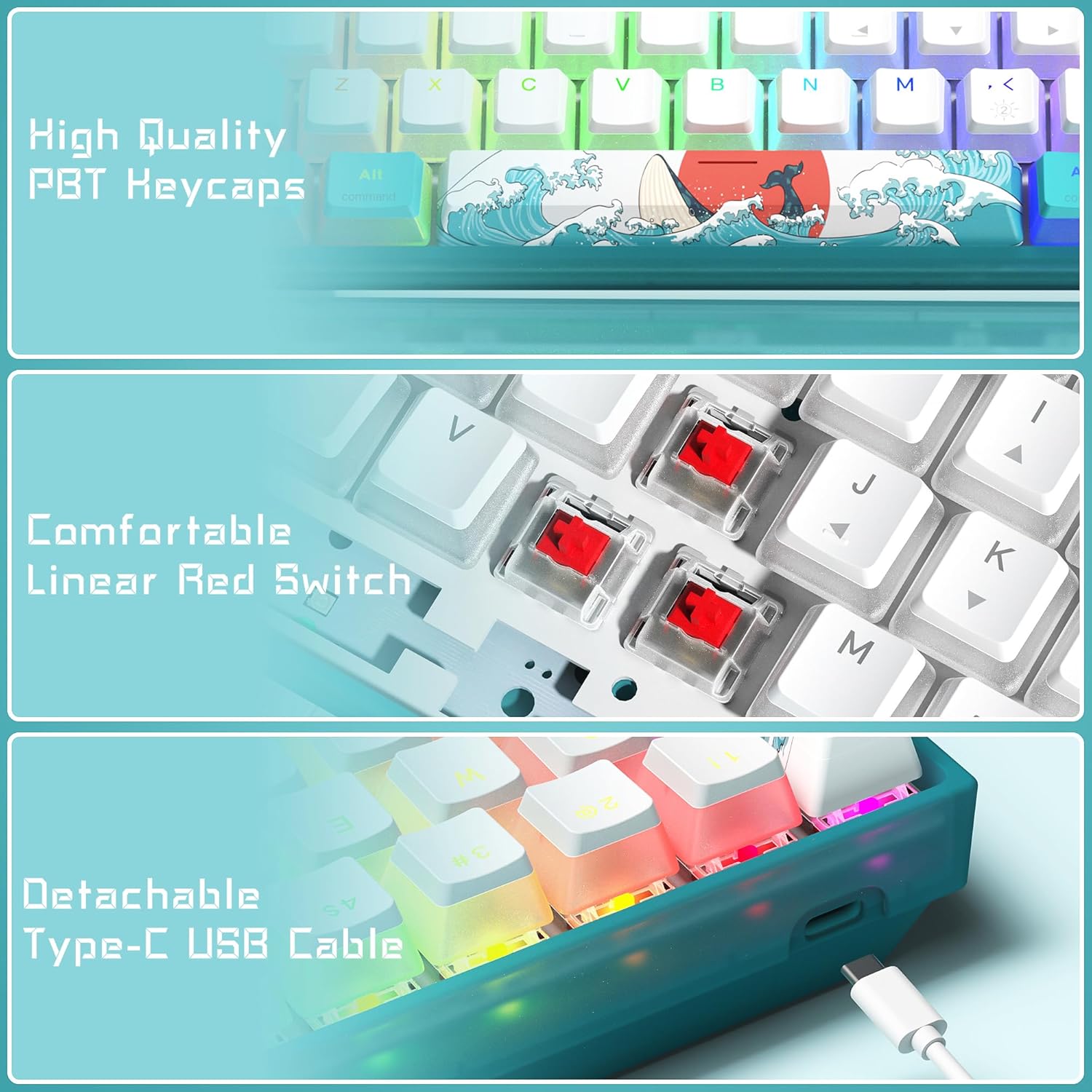 Womier WK61 60% RGB Wired Gaming Keyboard, Hot-Swappable, Red Switch S434778