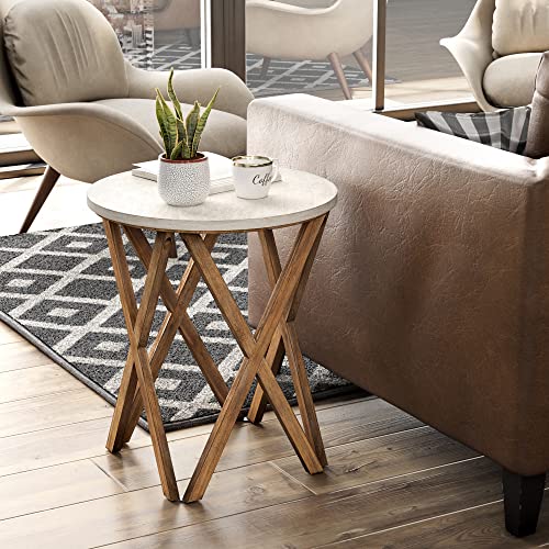 Pedestal Farmhouse End Table Set of 2, Distressed White Top with 4-Legs Base for Modern Farmhouse, Boho Decor, Round