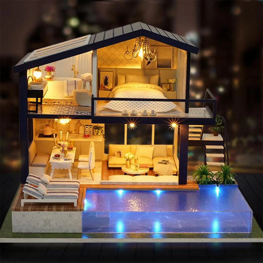 Miniature Dollhouse with Realistic Furniture and LED Light W1163