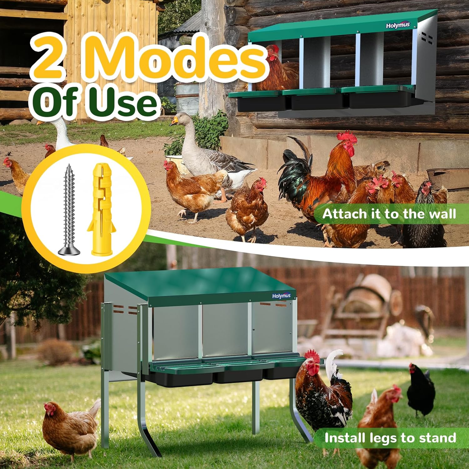 Chicken Nesting Box with Metal Legs, 3 Holes, Green P6033