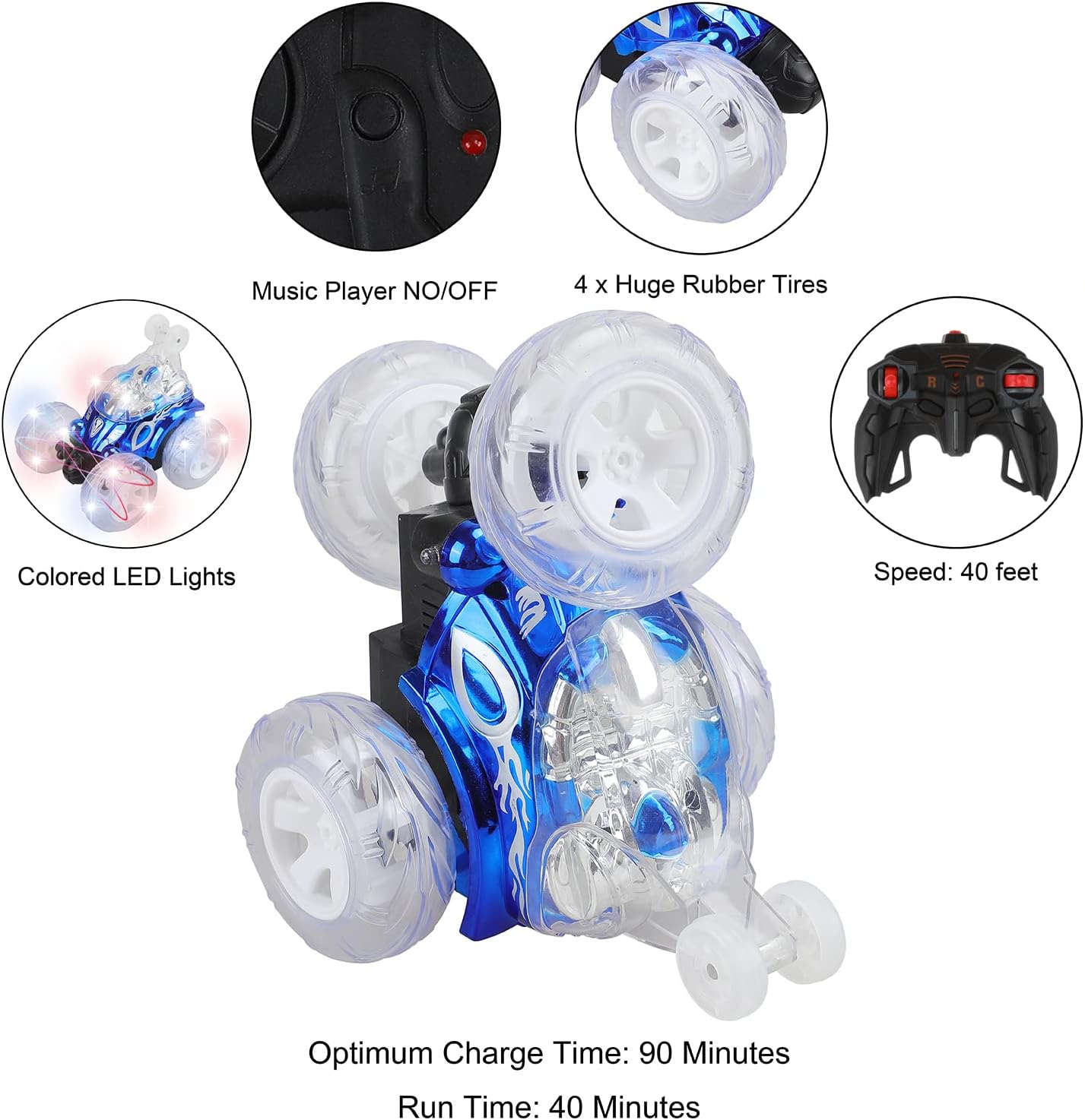abandon Remote Control Car, RC Stunt Car 360° Spins with Lights & Music, Rechargeable Toy for Kids M458218