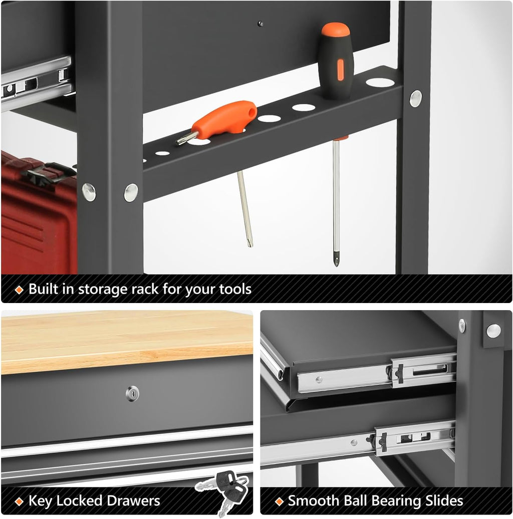 DNA MOTORING 3-Drawer Wood Top Rolling Tool Chest Cabinet with Wheels, Black G951