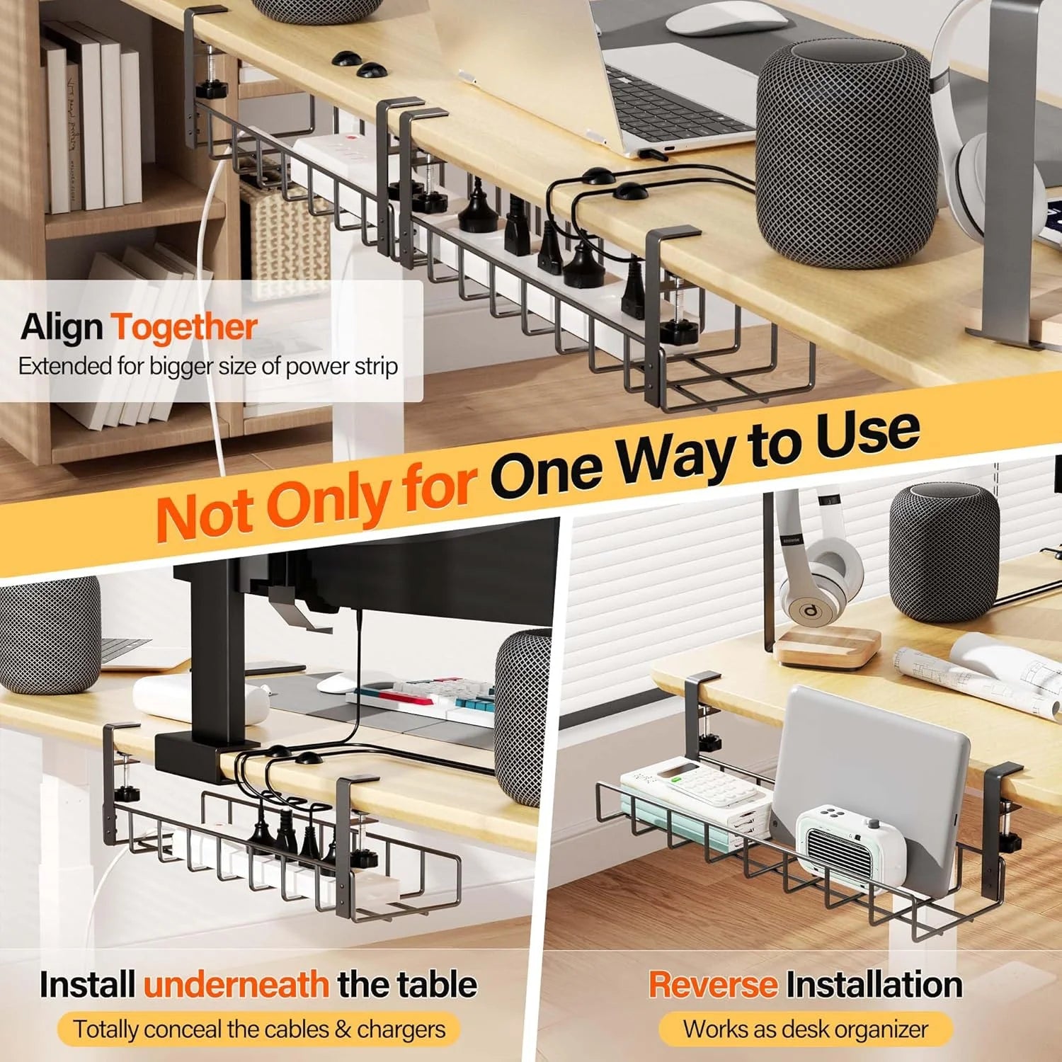 2 Pack Under Desk Cable Management Tray, 31.4" No Drill Metal Cord Organizer, Black P622