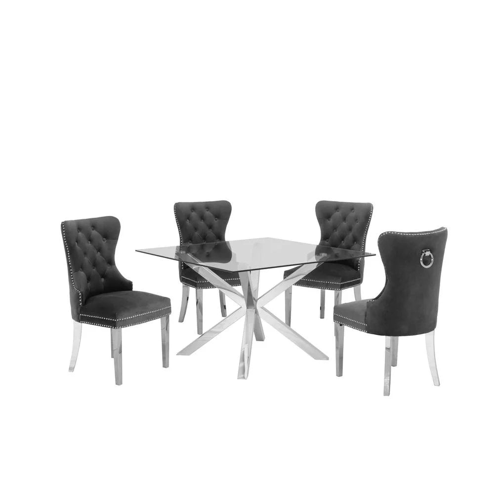 47" x 47" Clear Glass 5pc Dining Set with Silver Stainless Steel