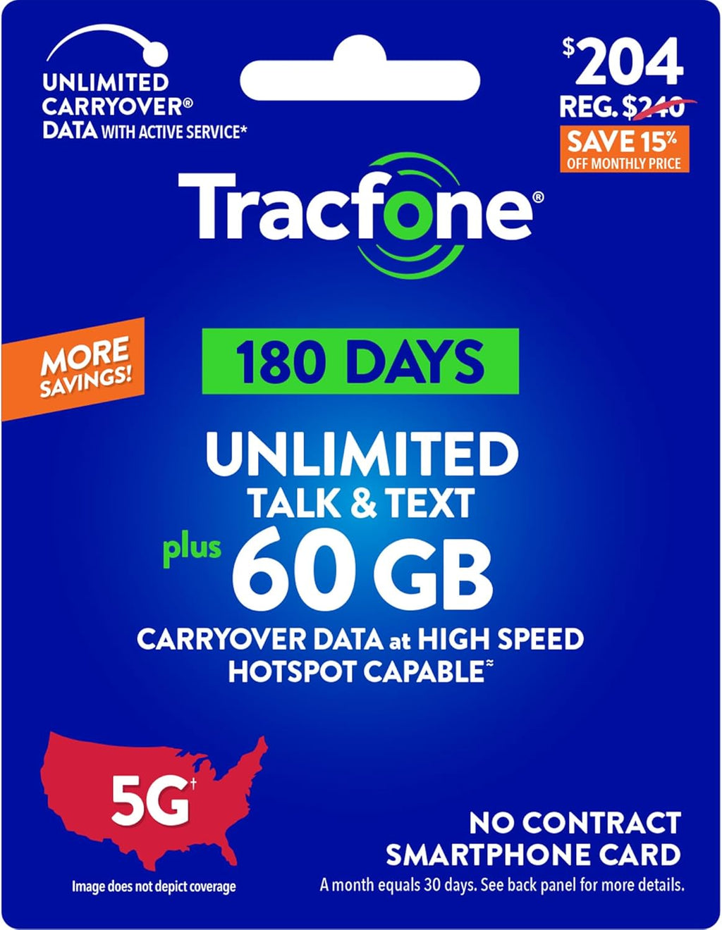 Tracfone $204 Unlimited Talk & Text Plus 60 GB of Data 180-Day Prepaid Plan(Physical Delivery)