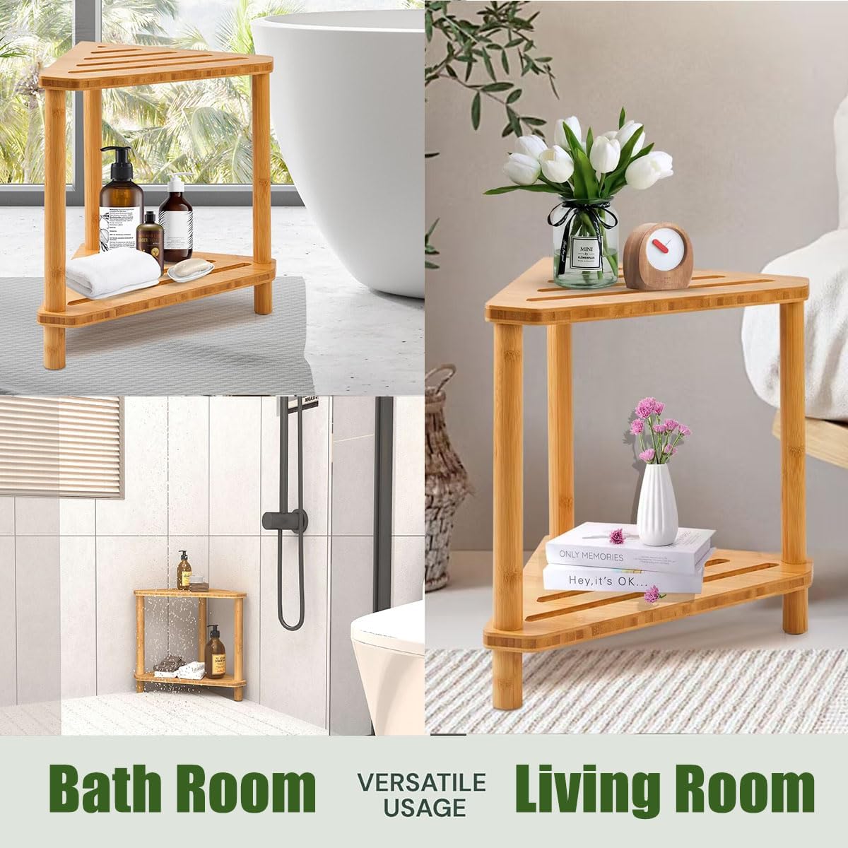 Bamboo Corner Shower Stool with Storage Shelf T806937