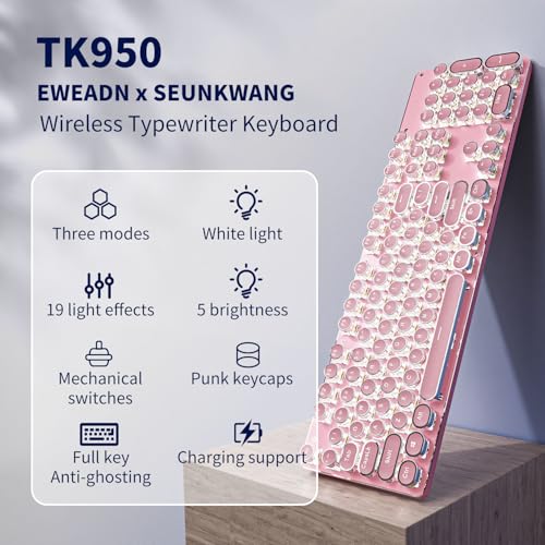 EWEADN TK950 Typewriter Keyboard Wireless Mechanical, 104 Keys, Blue Switch, Pink L801