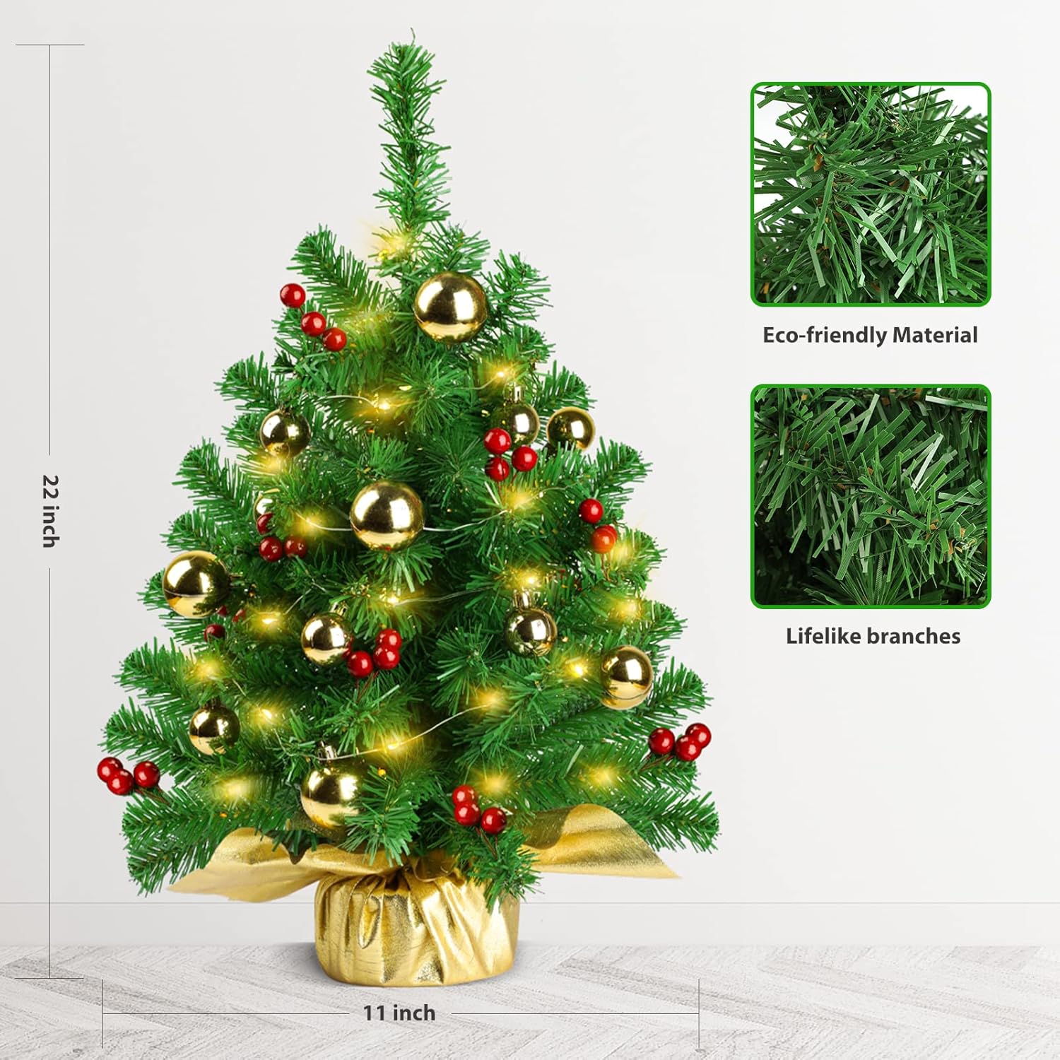 Mini Prelit Christmas Tree 22in with LED Lights and Gold Ornaments I1726