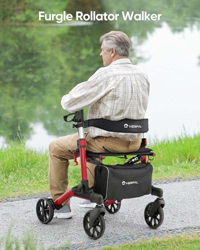 Rollator Walker with Seat, Foldable Aluminum, Height Adjustable, 8" Wheels for Seniors (Red) K5683