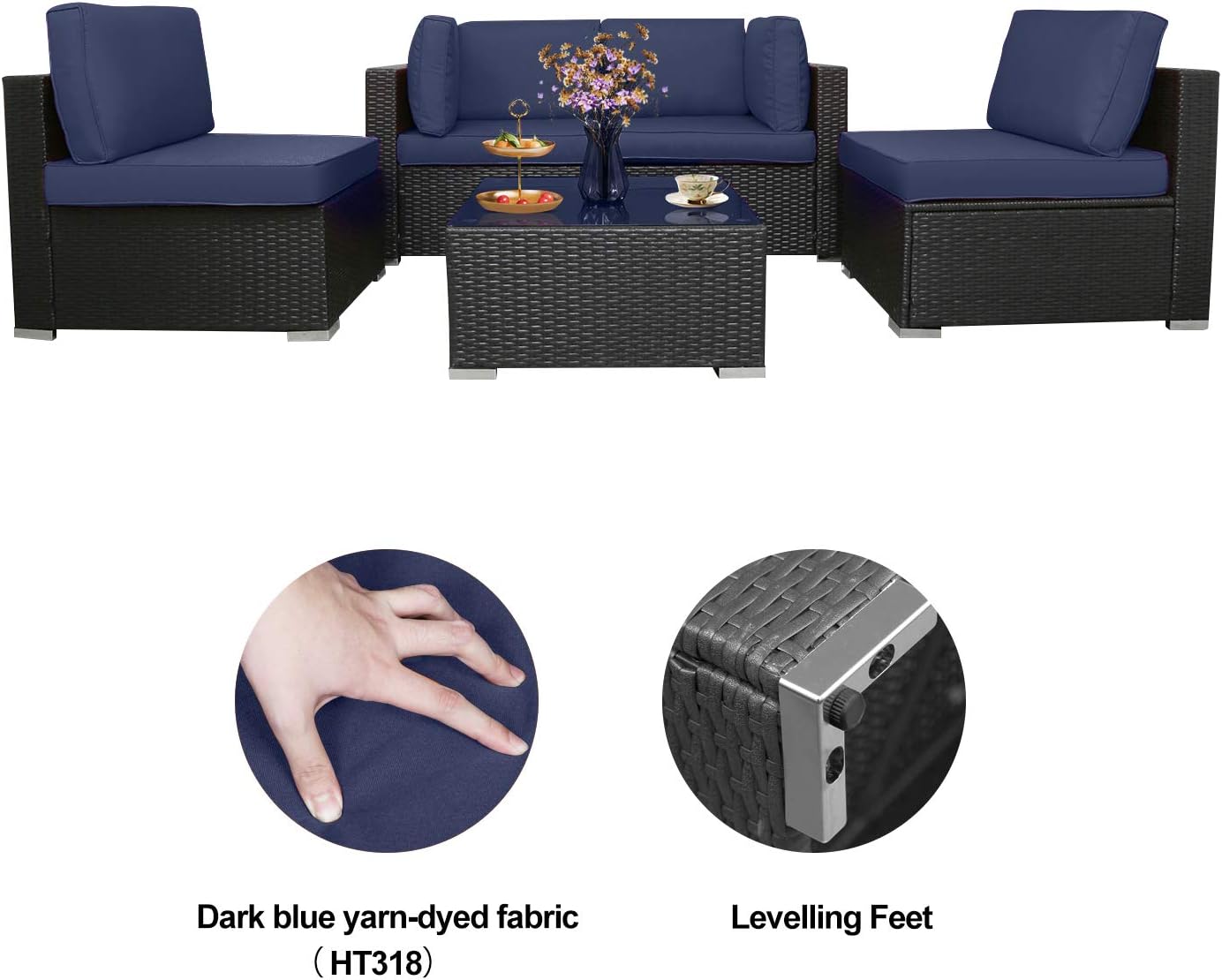 Wicker Patio Furniture Set 5 Piece Outdoor Sectional Rattan Sofa with Cushions and Glass Table L512475