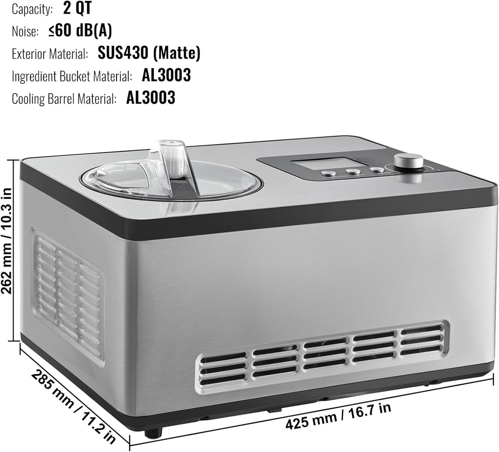 VEVOR Automatic Ice Cream Maker with Built-in Compressor, 2 Quart, Stainless Steel A17990
