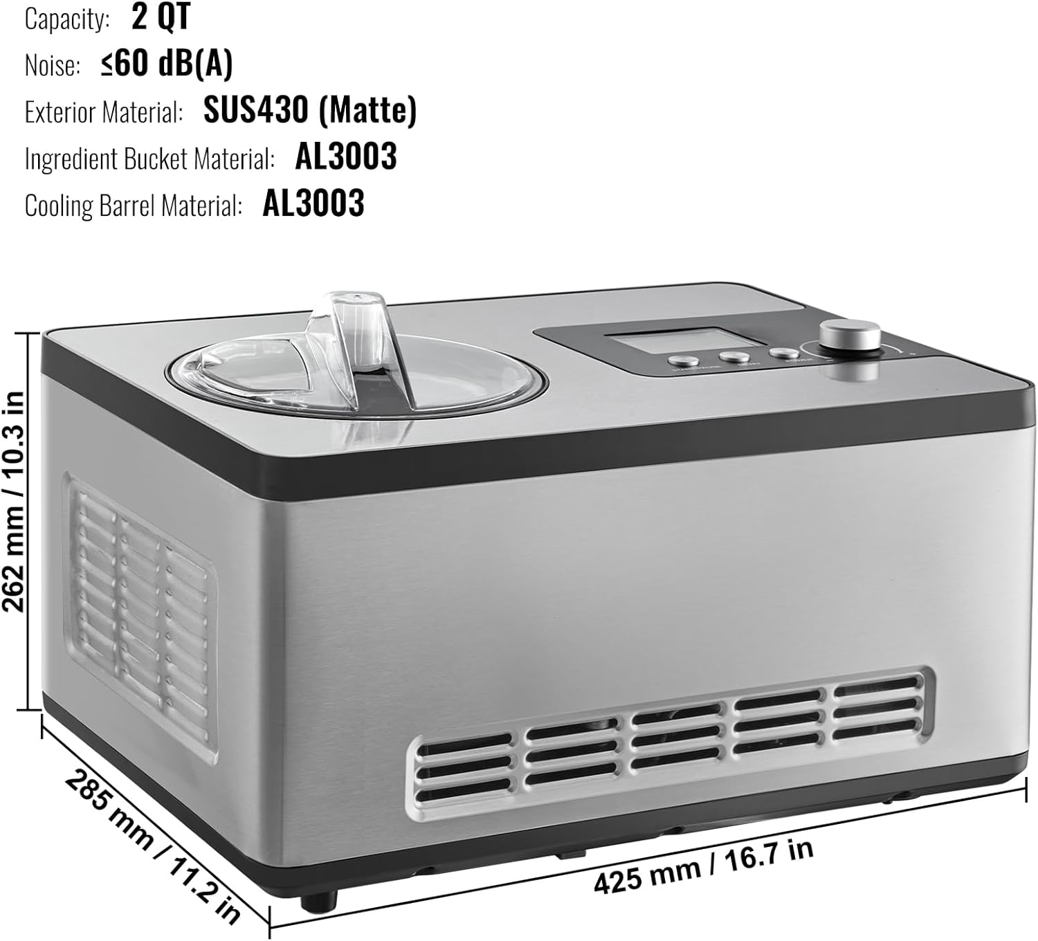 VEVOR Automatic Ice Cream Maker with Built-in Compressor, 2 Quart, Stainless Steel A17990