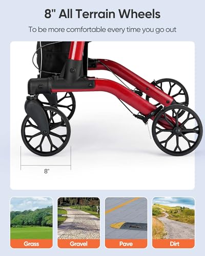Rollator Walker with Seat, Foldable Aluminum, Height Adjustable, 8" Wheels for Seniors (Red) K5683