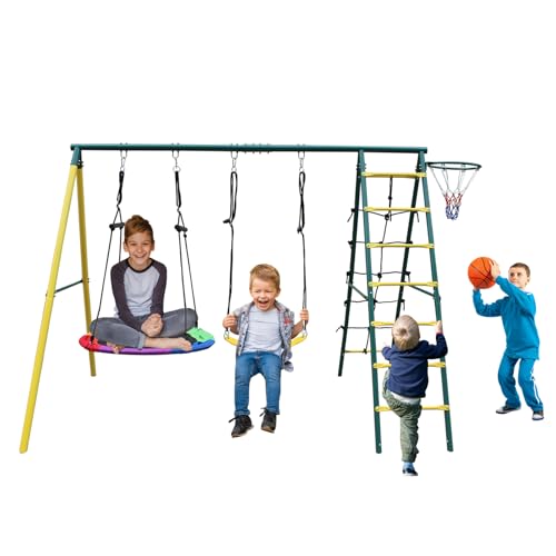 Metal Swing Sets for Backyard for Kids 3-12, 6 in 1 Swing Sets, Heavy-Duty Playground Backyard Set with 2 Swings, Glider, Climbing Ladder and Rope