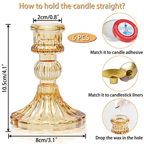 Taper Candle Holder Set of 6, Glass Gold Vintage Candlestick Holders Y451