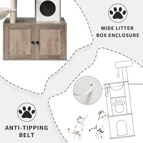 57.5-Inch Cat Tree with Litter Box Enclosure, Oak Brown D61275