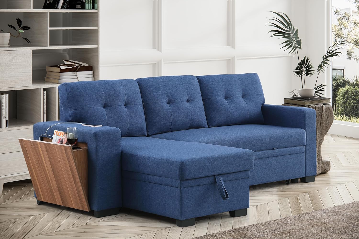 L-Shaped Sectional Sleeper Sofa with Storage Chaise and Pull-Out Bed, Blue S18057