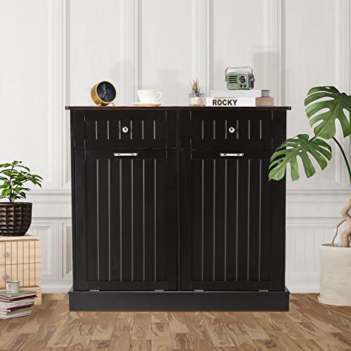 Tilt Out Trash Cabinet with Hideaway Drawer, Bamboo Cutting Board, White V636