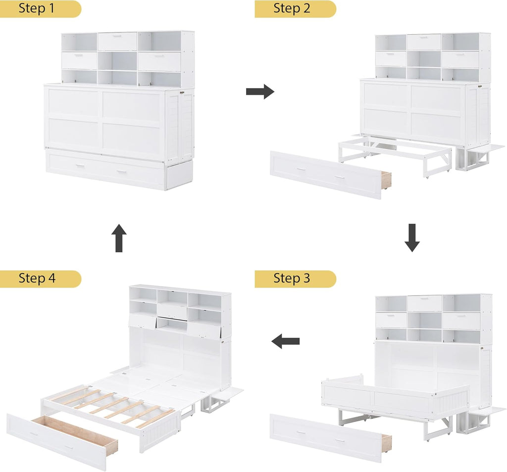 Queen Size Murphy Bed with Bookcase and Drawer, White S41953