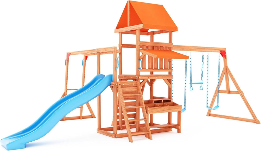 Dolphin Playground Swing Set with Monkey Bar, Wave Slide, and 2 Belt Swings N189529