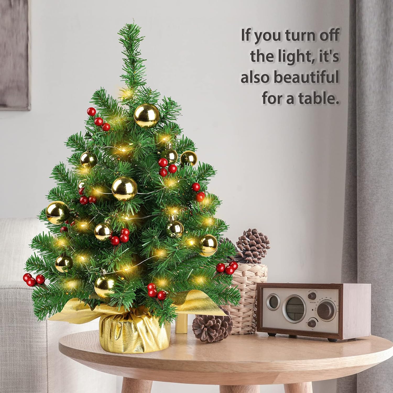 Mini Prelit Christmas Tree 22in with LED Lights and Gold Ornaments I1726