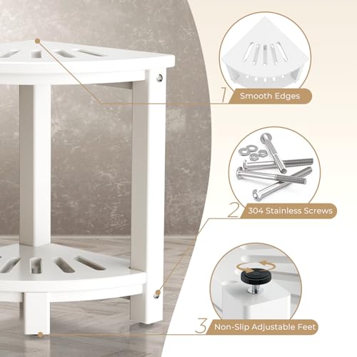 Corner Shower Stool with Storage Shelf, HDPE Waterproof Shower Bench Seat, White W9884