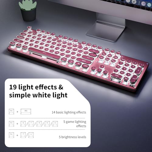 EWEADN TK950 Typewriter Keyboard Wireless Mechanical, 104 Keys, Blue Switch, Pink L801