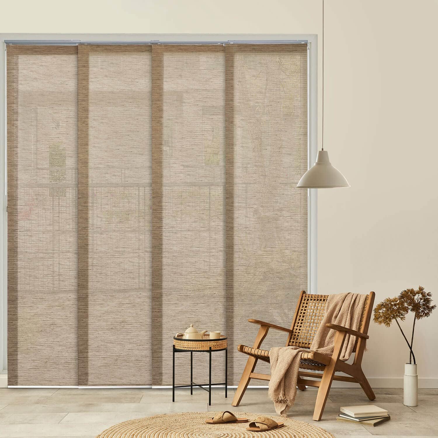 GoDear Design Adjustable Panel Track Sliding Glass Door Blinds 45.8"- 86" W x 96" H, Extendable Vertical Blinds for Patio Doors and Large Winodws, See-Through Trimmable Jute Fabric, Semi-Privacy, Yoga