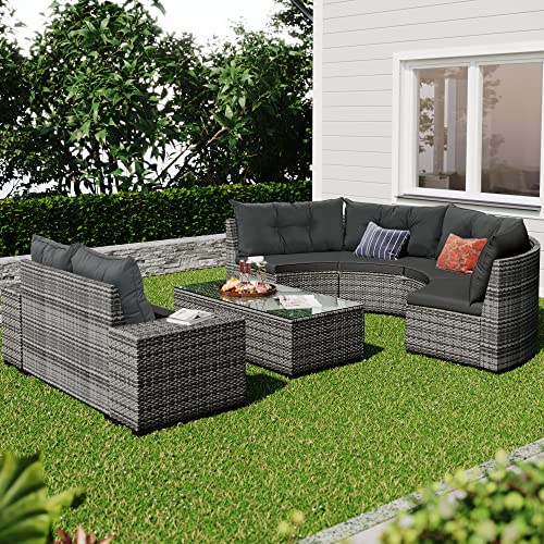 P PURLOVE 8 Piece Half Moon Sectional Patio Furniture Set with Cushions and Coffee Table Y55640